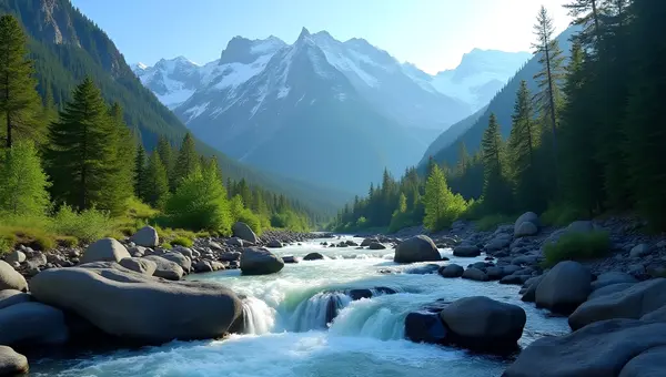 Mountain Landscape With Flowing River And Green Trees
