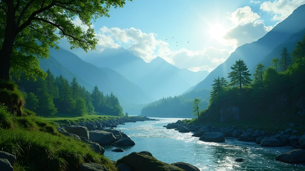 Scenic mountain landscape with lush green trees under a bright blue sky