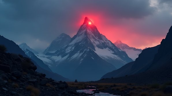 A mountain peak with red beacon light glowing against a twilight sky