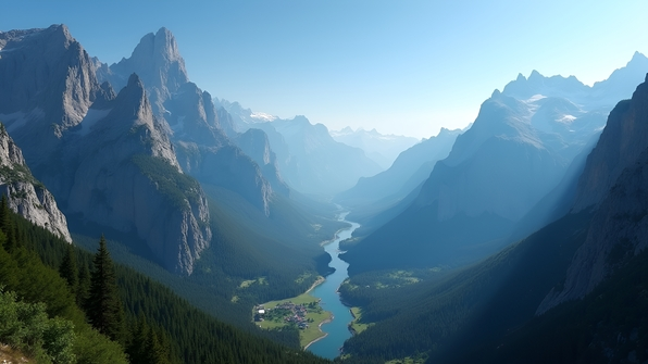 Aerial view of a vast mountain range with rugged peaks and lush forests under a clear blue sky