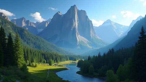 Scenic mountain range in national park with lush green forests and rocky peaks under clear blue daytime sky