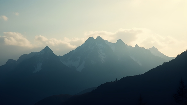 Silhouette of a mountain range against a bright daytime sky with soft clouds emphasizing sharp peaks and natural contours