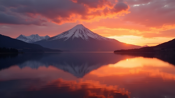Silhouette of a majestic mountain range reflected in calm expansive water during sunset with vibrant orange and purple sky hues