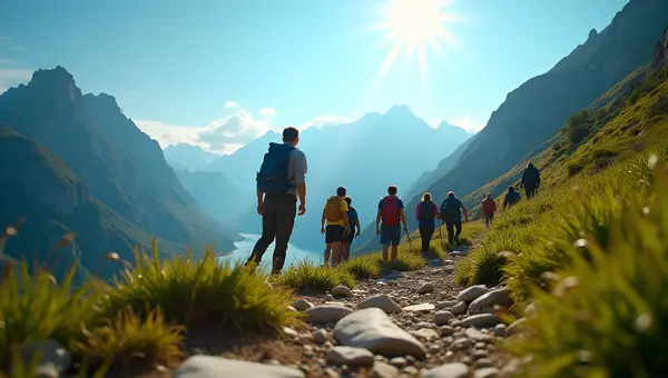 Mountain Trail Hiking With Diverse Group Outdoors