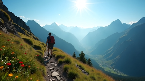 A lone hiker trekking along a rugged mountain trail with scenic valley views under a clear blue sky