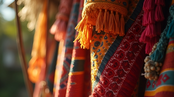 Multi-colored fringed textile with intricate patterns and textured threads perfect for bohemian decor or fashion accessories