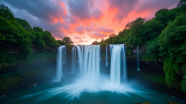 Multi-Tier Waterfall Cascading Through Lush Forest