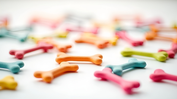 Multicolored dog bone toys scattered on a clean white background showcasing playful pet accessories
