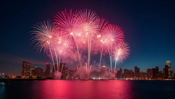Multicolored Fireworks Over City Skyline At Night