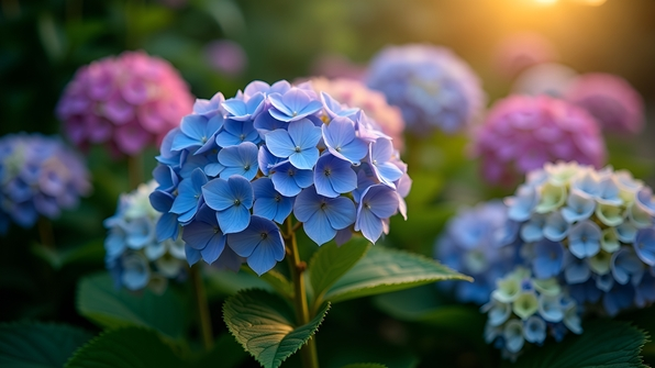 Multicolored hydrangea blossoms in full bloom with pink, blue, purple, and white petals against green garden foliage