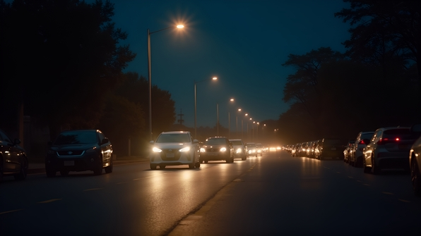 Multiple cars lined up on a quiet street at night illuminated by soft streetlights and glowing headlights under a dark sky
