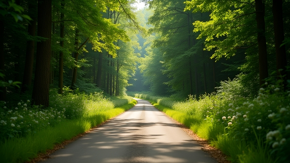 Narrow concrete road winding through dense forest under bright daytime sunlight with vibrant green trees