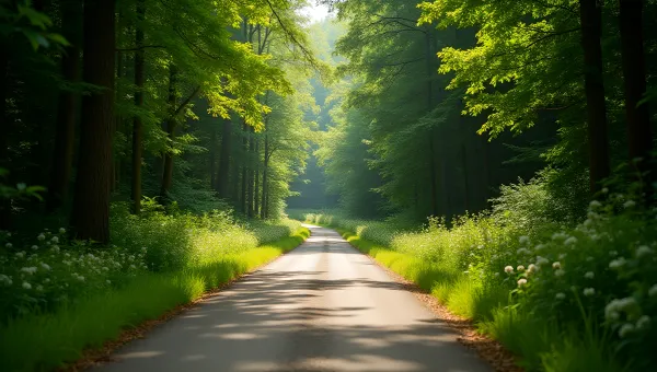 Narrow Concrete Road Through Dense Forest