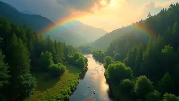 Narrow Winding River With Vibrant Rainbow