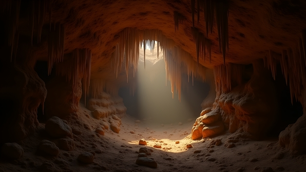 Interior of a natural brown cave with rugged rocky walls and textured stalactites