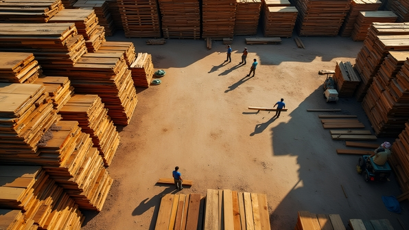 Natural wood slabs stacked neatly in a spacious outdoor lot under bright daylight