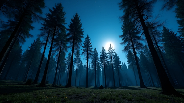 A serene nighttime forest scene with moonlight illuminating tall pine trees and glowing needles under a starry sky