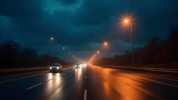 Nighttime Highway Driving Under Streetlights