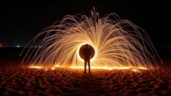 Nighttime steel wool sparks swirling around a silhouette standing on textured brown sand