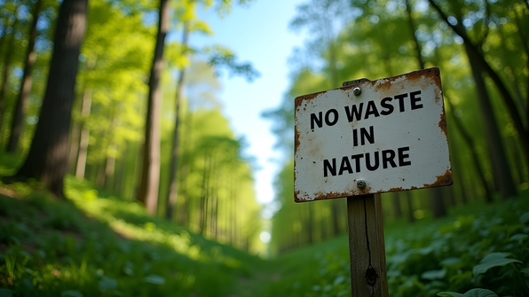 No Waste In Nature sign displayed prominently in a clean, green forest with vibrant trees and a clear blue sky