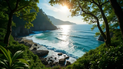 Ocean View Through Lush Green Forest Trees