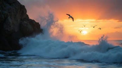 Ocean Wave Crashing on Rugged Cliff at Sunset