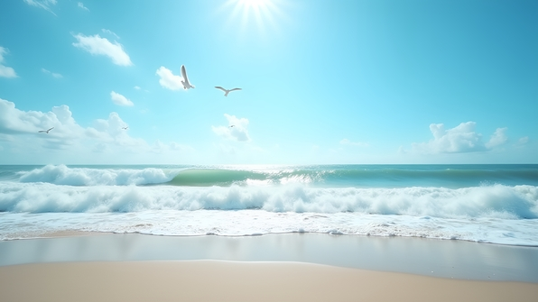 Dramatic ocean waves forcefully crashing onto a sandy beach under a bright blue sky with scattered white clouds