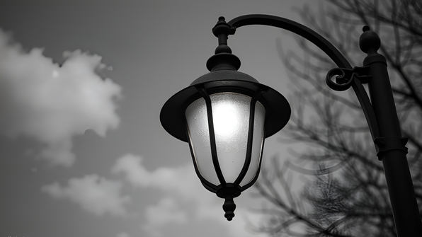 Old-fashioned street light against a cloudy sky with dramatic shadows and textured metal details