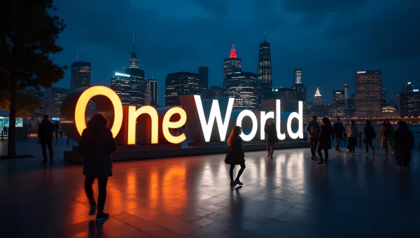 One World Sign Illuminated At Night