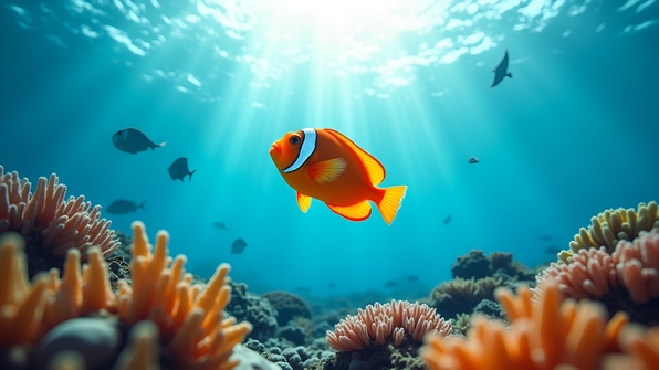 Orange fish swimming among coral reefs in clear blue ocean water