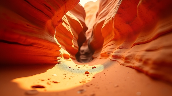 Close-up of orange rock crevices with natural erosion patterns in bright desert sunlight