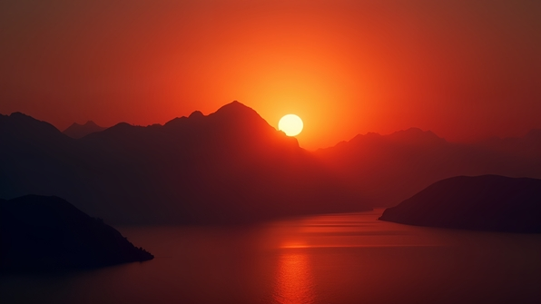 Orange sunset casting warm light over dark mountain silhouette against a clear sky