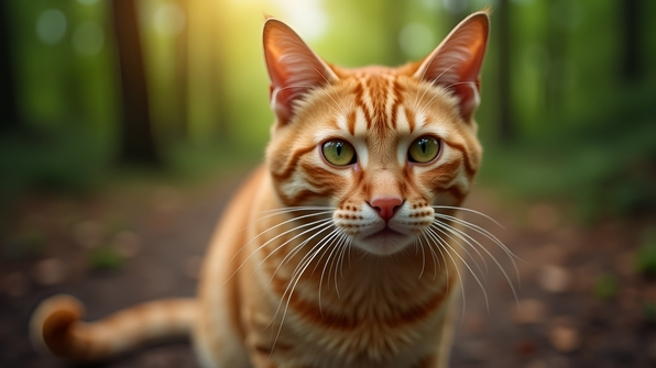 Close-up shallow focus photo of a vibrant orange tabby cat with expressive green eyes
