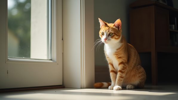 Close-up of an orange and white tabby cat sitting attentively beside a closed white paneled door in a softly lit indoor setting