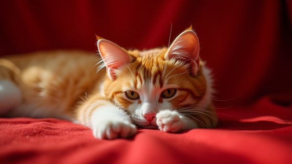 Close-up of an orange and white tabby cat resting gracefully on vibrant red textured fabric with soft natural lighting