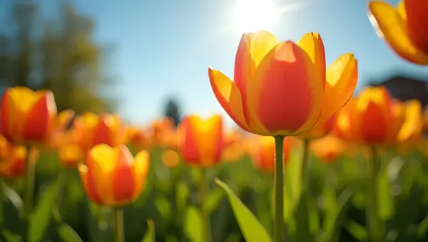 Orange And Yellow Tulips In Sunlit Garden