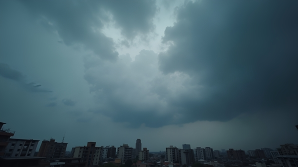 Overcast sky with dense grey clouds creating a moody atmosphere