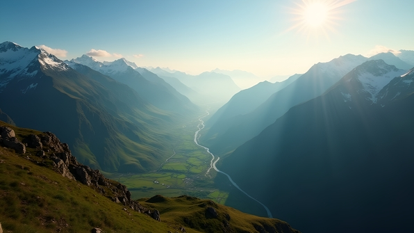 Panoramic mountain landscape bathed in golden sunlight with lush green valleys and a clear blue sky
