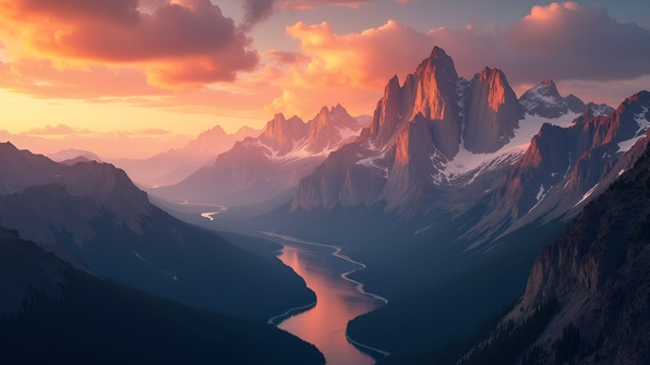 Panoramic Mountain Range At Golden Sunset