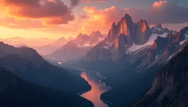 Panoramic Mountain Range At Golden Sunset