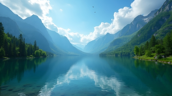 Panoramic mountain range with vibrant green forests reflected in a crystal-clear lake under a bright blue sky