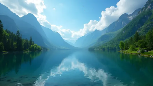 Panoramic Mountain Range with Clear Lake Reflection