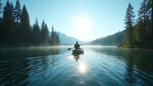 A solitary person peacefully boating on a calm lake surrounded by tall pine trees under bright daytime sunlight and a clear blue sky