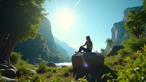 Peaceful person sitting on large rock surrounded by greenery under bright sunlight and clear blue sky