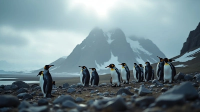 Penguins on Rocky Terrain Near Mountain