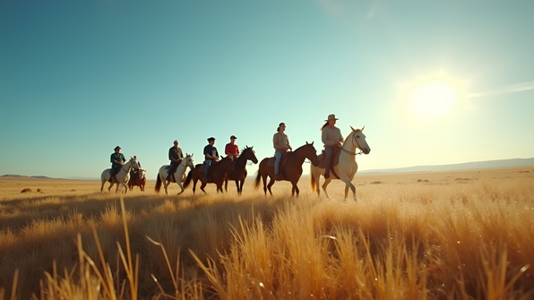 People Riding Horses Across Open Sunny Field