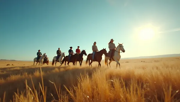 People Riding Horses Across Open Sunny Field