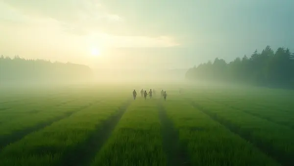 People Strolling Across Vibrant Green Grass Field