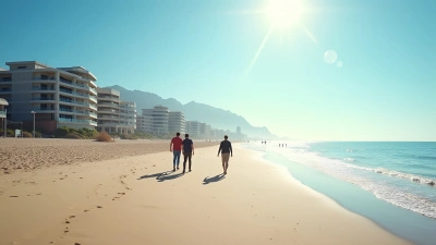 People Strolling Along Sandy Seashore With Modern Buildings
