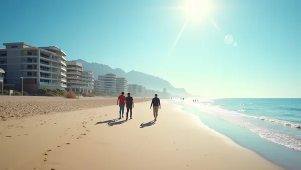 People Strolling Along Sandy Seashore With Modern Buildings